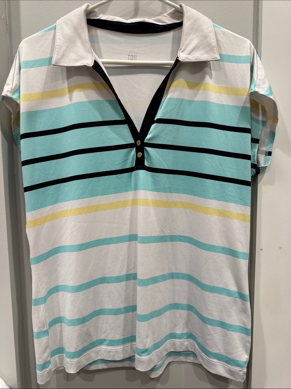 Tail Striped Short Sleeve Polo in White, Aqua, Black and Yellow